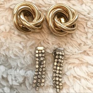 Bundle of 2 Clip-on Earrings - Gold Knot & Crystal